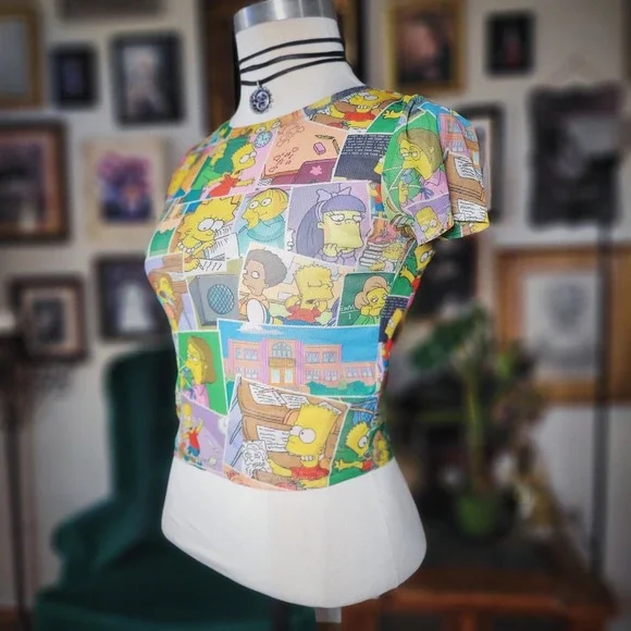 THE SIMPSONS Womens Sheer Crop Graphic Tee Short Sleeve Simpsons Print - S - Picture 4 of 7